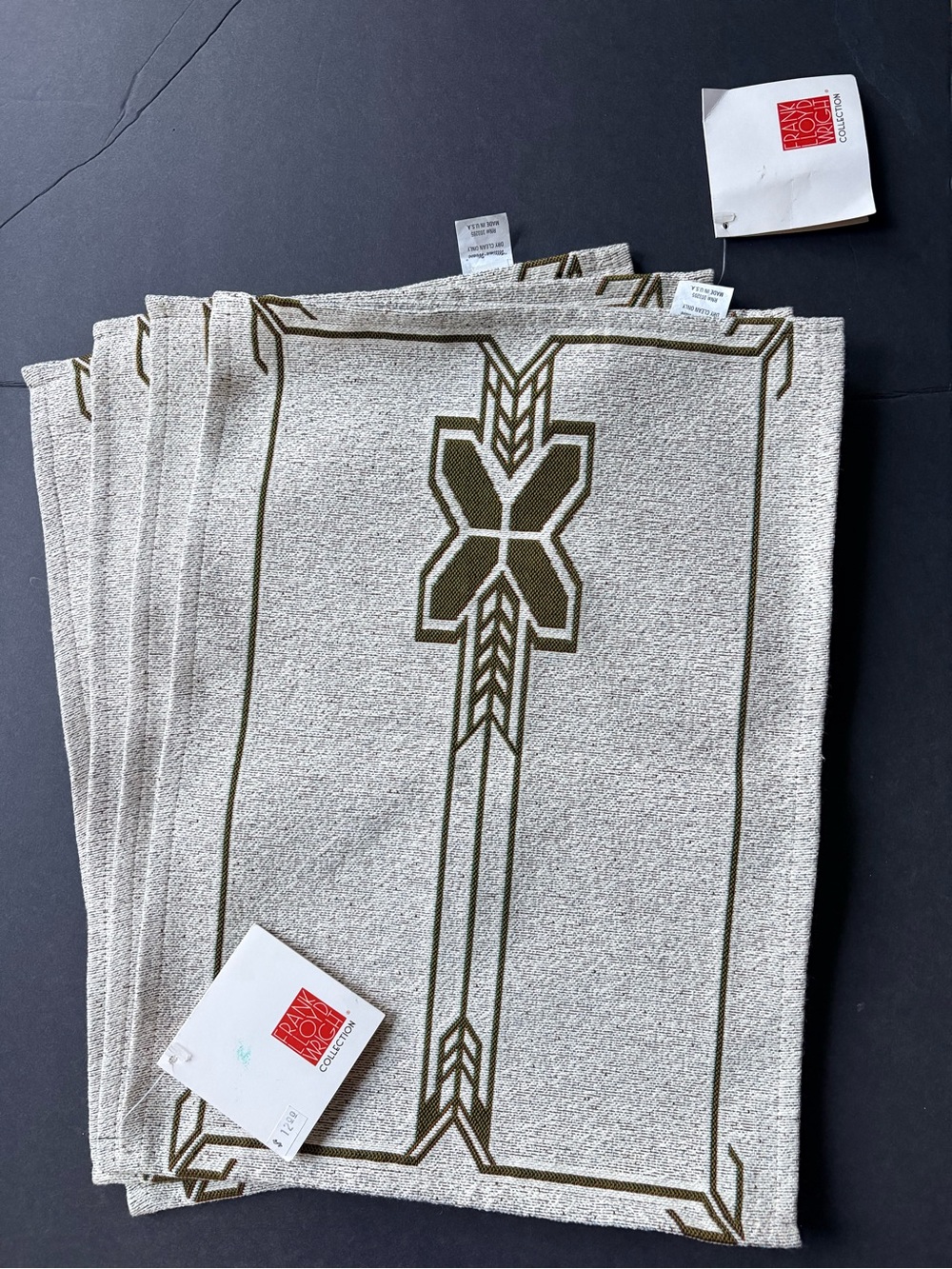 Set of Neutral Linen-Look Placemats with Olive Geometric Border